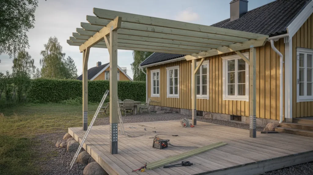 inf r midsommar bygg en pergola med lamelltak regler dimensioner fundament och montering